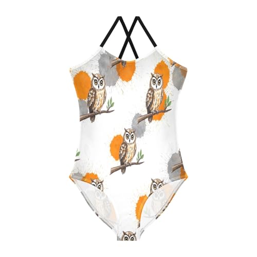 Owl Branch One Piece Girls Swimsuit, Beach Apparel 3-10 Y with Adjustable Shoulder Strap, 3-10 Y