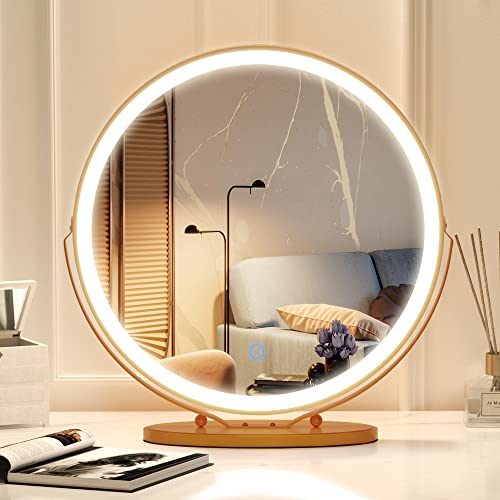 Vlsrka 20 Inch Makeup Mirror Vanity Mirror With Lights, 3 Color Lighting Modes, Touch Control Desk Mirror, 360° Rotatable, High-Definition Large Round Lighted Up Cosmetic Mirror, Yellow #TOP1