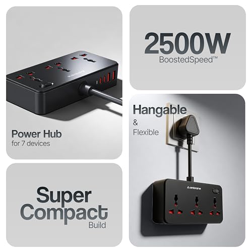 Image of Ambrane 7-in-1 Extension Board, 2 USB, 2 Type C, 3 AC Sockets 2500W, Perfect for Compact Spaces, Charge 7 Devices from 1 Socket, Hangable Cable Design, Works with All Devices (Smartstrip 5, Black)