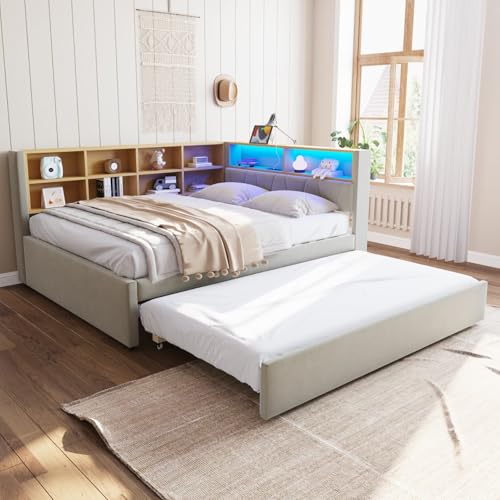KOMHTOM Modernidad Sofá cama acolchado con cama nido Cama LED con compartimentos de almacenamiento, puerto de carga y cabecera, franela(sin colchón) (gris claro, 140 x 200 cm)
