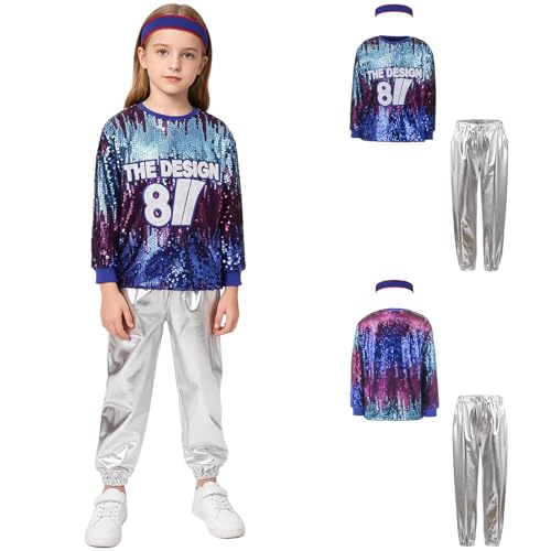 Atuendo de baile para niñas de 4 piezas con falda y camisa brillante para festivales