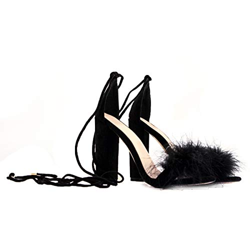 Richealnana Women's Fuzzy Cozy Strappy Open Toe Dress Artificial Feather Heeled Sandals3