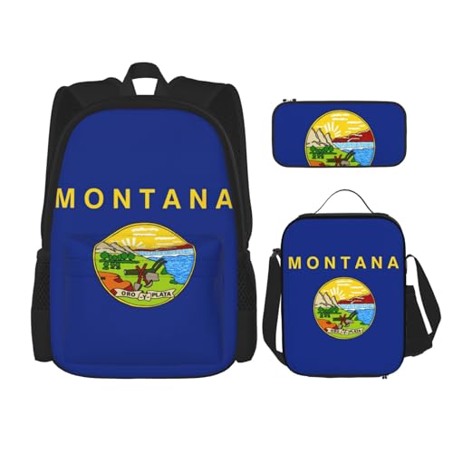 Montana State Flag Print 3 Piece Backpack Set, Laptop Daypack, Lightweight Bookbag Set With Lunch Bag Pencil Case