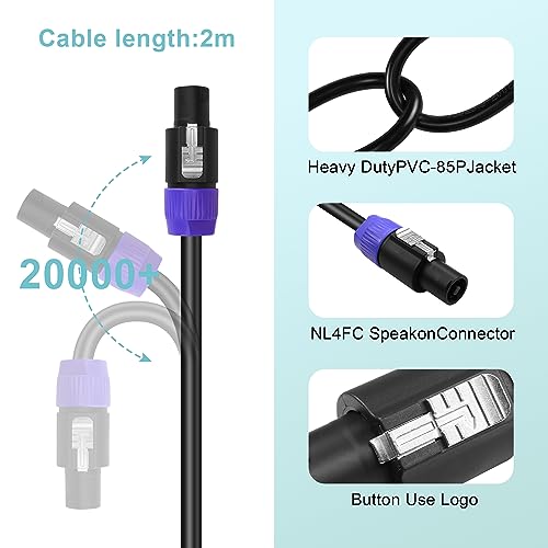 PNGKNYOCN Speakon to Speakon Cable,12AWG 2 Pin NL4FC Speaker Male to Male Professional Audio Amplifier Cable(2M/6.6FT) - Image 3