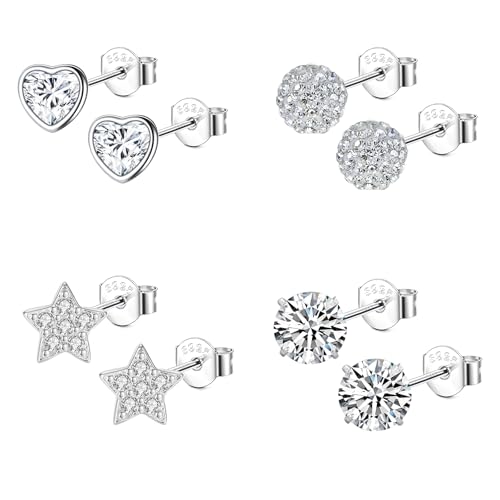 Hinvan Lots de 4 Paires Boucles d’oreilles Femme Argent 925 avec Zirconium Boucles d'oreilles Étoile Coeur Femme Fille Clous d'oreilles Diamant Petit...