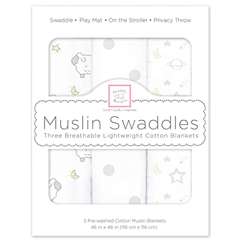 Image of SwaddleDesigns Muslin Swaddle Blankets, Swaddle Blanket for Baby Girl and Baby Boy, Little Lambs Goodnight, Sterling Gray & Pastel Yellow, Set of 3