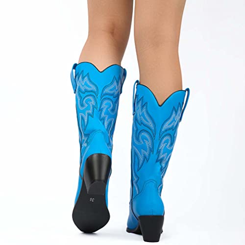 Heelchic Womens Embroidered Cowboy Cowgirl Boots Snip Toe Chunky Heel Western Boots Pull On Mid Calf Boots #TOP4