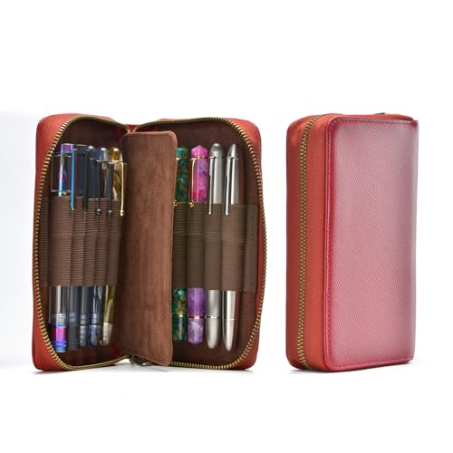Image of Fountain Pen Leather Pen Case 10 Divided Slots, Rollerball Pen Holder Handmade Display Organizer Zippered Pouch