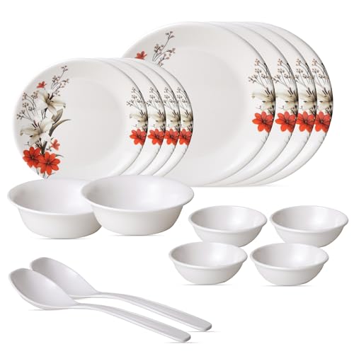 Image of Golden Fish 16 Pieces Complete Dinner Set for Home | 4 Full Plates, 4 Quarter Plates, 4 Veg Bowls, 2 Donga & 2 Serving Spoons | Ideal for Family Dining, Guests, Parties & Gifting