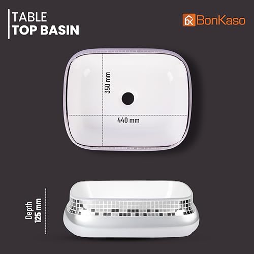 Image of BONKASO Polished Designer Ceramic Table Top Wash Basin (44 x 35 x 12.5 cm) | Silver Countertop Bathroom Sink | Modern Luxury Vanity Wash Basin | Tango-1004
