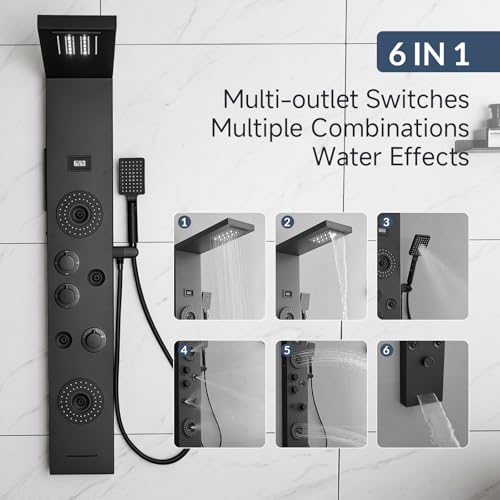 BATHLAVISH 6 in 1 Shower Panel Tower System, Rainfall Shower Panels Set w/LED and Digital Display Stainless Steel Shower Tower with Waterfall Tub Spout 2-Type Massage Jets Handheld Head Matte Black by BATHLAVISH - Image 4