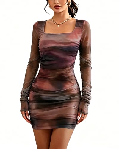 Image of MOEENCN Women's Sexy Mesh Dress Square Neck Long Sleeve Ruched Printed Bodycon Party Club Cocktail Mini Dresses