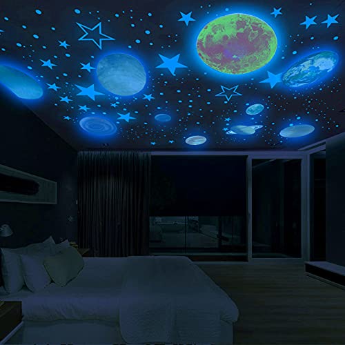 Blue Glow In The Dark Solar System Wall Decals,158 Pcs Ceiling Light Stars And Moon Decoration, Planet Decor For Kids Boys Bedroom, Starry Sky Stickers For Nursery #TOP2