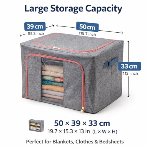 Image of DecorTwist Steel Frame Foldable Storage Box - Wardrobe Organizer for Clothes, Sarees & Blankets | Moisture-Proof Oxford Fabric | 65 Ltr (Pack of 1)