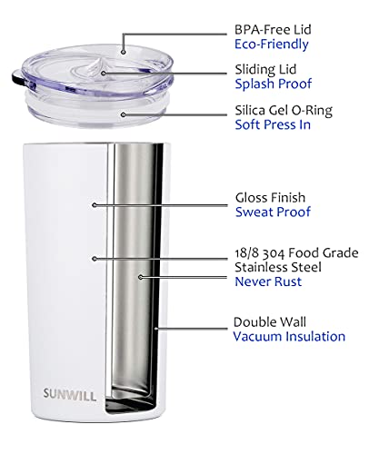 Sunwill Double Wall Coffee Cup, Insulated Coffee Mug Stainless Steel Slim Travel Tumbler Mini 12Oz, White #TOP1