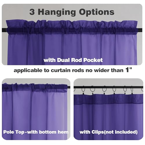 Image of Chyhomenyc Purple Sheer Valances for Windows - Light Filtering Small Kitchen Curtains, Rod Pocket Short Top Window Treatment Decor for Living Room Bathroom Basement, 42Wx16L inches, 2 Panels
