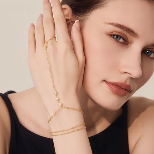 Cicy Bell 18K Gold Plated Hand Chain for Women Layered Stackable Dainty Ring Bracelet Adjustable Satellite Bead Dot Link Finger Bracelets Trendy Jewelry Gift2