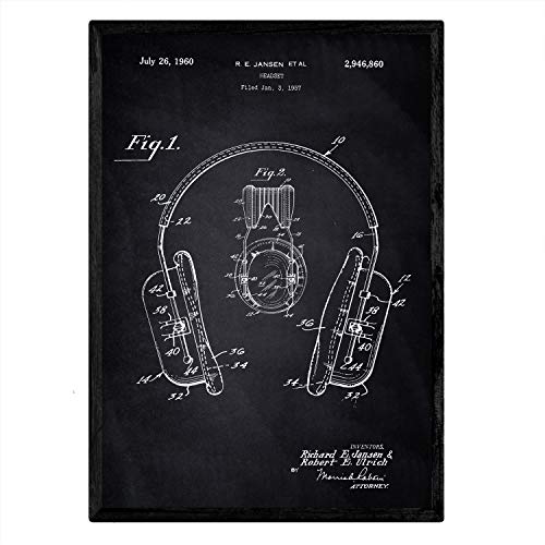 Nacnic Poster con patente de Auriculares. Lámina con diseño de patente antigua en tamaño A3 y con fondo negro