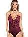 MakeMeChic Women's Deep V Neck Ruffle Faux Suede Sexy Bodysuit,Wind Red,Medium