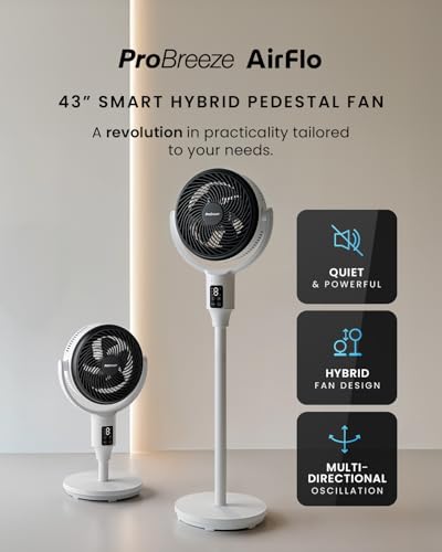 مروحة قائمة برو بريز 43 بوصة - مروحة كهربائية صامتة بقوة 29 ديسيبل مع جهاز تحكم عن بعد، مروحة قائمة بقاعدة مع مؤقت توفير الطاقة لمدة 9 ساعات، 4 أوضاع، 9 سرعات، مروحة قابلة للتعديل في الارتفاع لغرفة