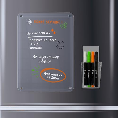 Tableau blanc magnétique transparent A4 minimaliste et élégant PREVIS pour écrire des tâches, des menus, des listes de courses avec 4 marqueurs de couleurs vives et...