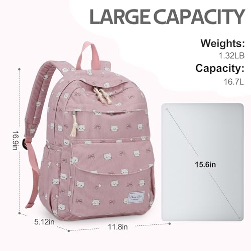 Chase Chic Corduroy Kids Backpack, Cute Aesthetic Plush Bookbag Casual Rucksack Daypack for School Toddler Girls Boys Pink Cat2