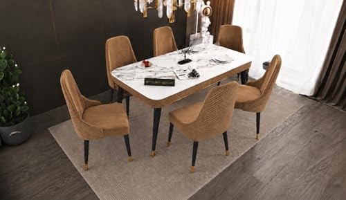 Image of WOODEN SPACE 6-Seater Wooden Dining Table Set | Nano Composite Marble Top | Solid Wood Base | Modern Dining Room Furniture with 6 Chairs (Brown Modern Vento)