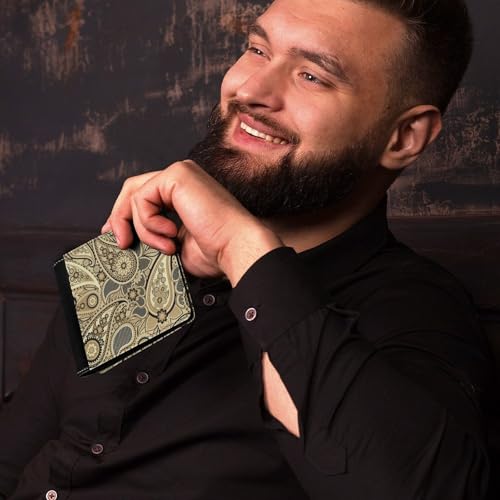 Charcoal Yellow Paisley Exquisite And Compact Leather Wallet, Portable Coin Purse for Outdoor Use4