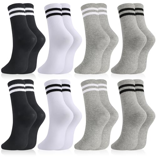 Utensilsto 8 Paare Socken Herren Damen, 43-46 Sportsocken Tennissocken Streifen Baumwolle Sport Socken für Damen Herren,Schwarz, Grau, 2 Schwarze, 2 Weiß, 4 Grau