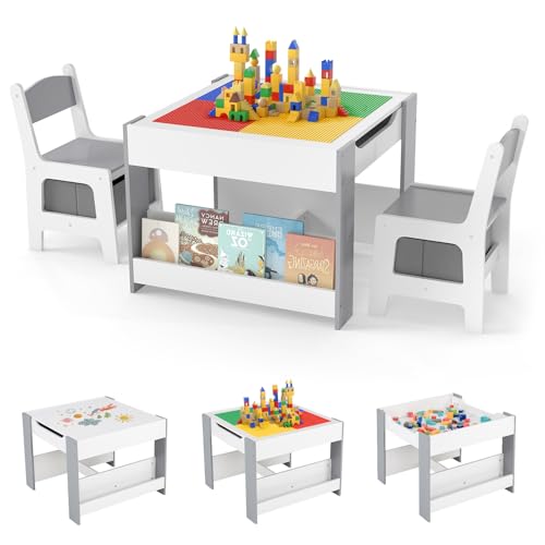 INFANS Kids Table and Chair Set, 4 in 1 Building Block Wooden Activity Desk with Reversible Tabletop...