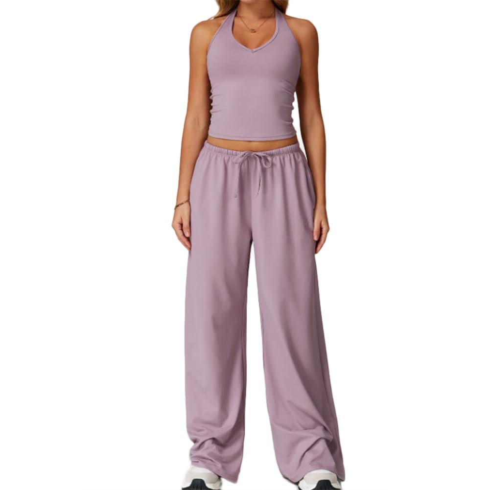 XYFfybhsd Active Wear Sport Woman Flare Pants Gym Fitness Sets 2 Piece Sexy Yoga Outfit Apparel(Size:L,Color:Light purple)