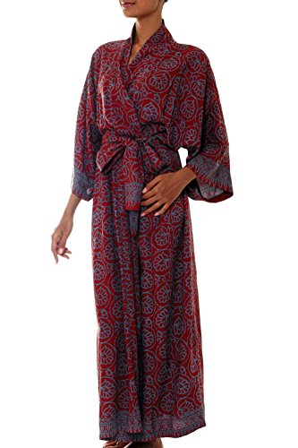 NOVICA Burgundy Gray Handmade Floral Batik Long Robe, Morning Aster'
