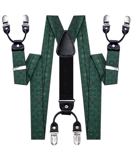 Image of Hi-Tie Men's Suspenders and Tie Set Silk Adjustable Elastic Y Braces with Strong 6 Clips Pocket Square Set