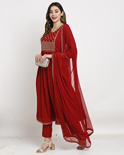Image of Rajnandini Women's Rayon Embroidered Kurta Set With Dupatta (JOPLVL245-P Maroon P)