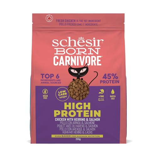 Schesir Born Carnivore, al gusto Pollo e Aringa, Crocchette per gatti adulti Cotte al forno (Sacco da 255g)