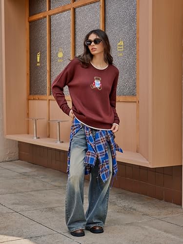 Image of CIDER Women's Fall Sweaters Long Sleeve Cute Sweaters Bear Graphic Crewneck Soft Knit Casual Cropped Pullover