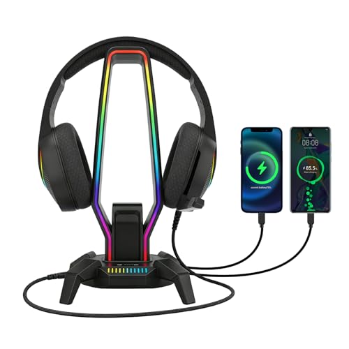 MARVO RGB Headphone Stand Data Transmission 9 Lights Mode Headset Holder with 1 USB-C & 3 USB Ports & 1 3.5mm Jack Port Ultimate Gaming Accessories for Gamers for PS Xbox PC