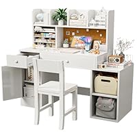 SFDOU White Wooden Kids Desk and Chair Set,Kids Study Desk with 2 Drawers & 4 Cabinet,Kid Study Table and Chair Set with 4 Storage Open Shelves,Girls Desks for Kid with Hutch for Bedroom