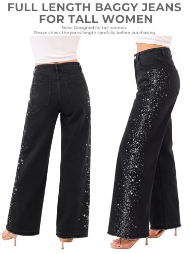 EMMIOL Rhinestone Baggy Jeans Women Tall High Waist Wide Leg Jean Black S - image 4