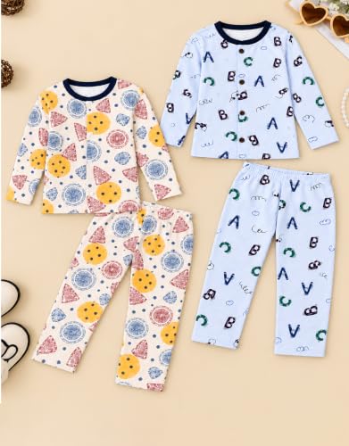 Image of 3BROS Kids Pure Cotton Night Suit Set | Boys Girls Printed Sleepwear Shirt & Pajama Clothing Combo | Soft Breathable Night Dress Outfit | Pack of 2