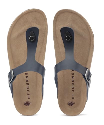 Image of HF JOURNEY Nivera 2.0 Men's Cork Footbed Thong Sandal,Slip On Entry,(Size 41-46) BlackPU, Casual Lounging Slipper, EVA Sole, Flat Heel,Nivera 2.0 - Black (41)