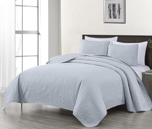 Image of Chezmoi Collection Austin King Bedspread Set 3-Piece Pinsonic Quilted Oversized Bedspread Coverlet Set, King, Silver