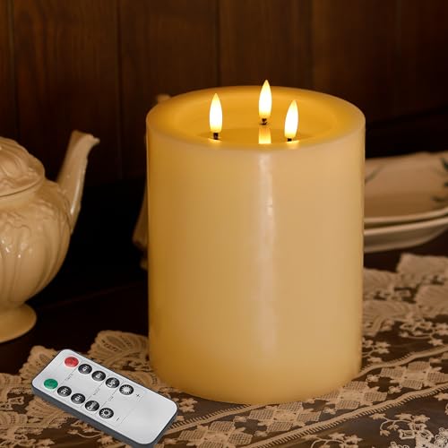 Image of 6 inchx8 inch Large Flameless Candles with Remote, Real Wax Big Battery Operated Candles with 3 Wicks, Flickering LED Pillar Candle for Tables, Mantle, Home, Wedding, Party Decor