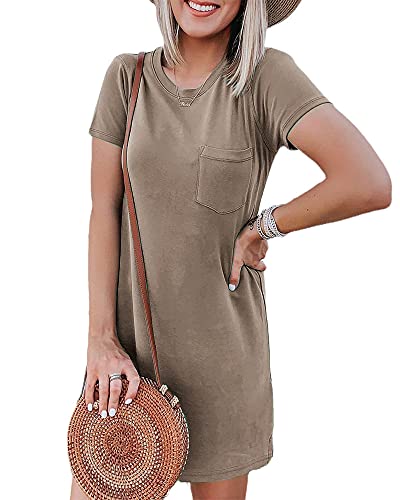 Ladiyo Women T Shirt Dress Summer Fashion Mini Crew Neck Short Sleeve Solid Color Casual Dresses with Pocket