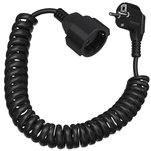 3M Spiralkabel Verl&auml;ngerungskabel mit Schutzkontakt (0,9-3m dehnbar) | 230V/16A IP20 | mit Schuko-Stecker & Buchse | 3x1,0mm&sup2; Kupferleitung | f&uuml;r Innen/Au&szlig;enbereich (Schwarz)