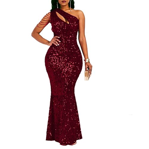 Image of Cololura Women Sequin Elegant Sexy One Shoulder Tassel Mermaid Bodycon Cocktail Evening Dress