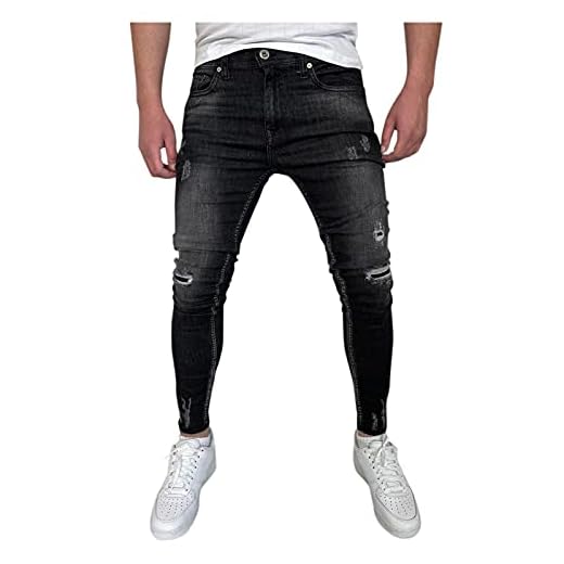 gfdrt Revade jeans herr smal passform stretch förstörda knädesigner trasiga hål hiphop dragkedja byxor jeans slitna jeans denim byxor, Svart, XL