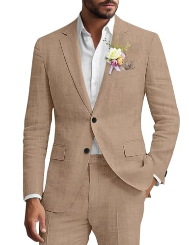 Netsky Mens Linen Suit 2 Piece Slim Fit Lightweight Prom Tuxedo Groomsmen Casual Linen Suits Summer Beach Wedding