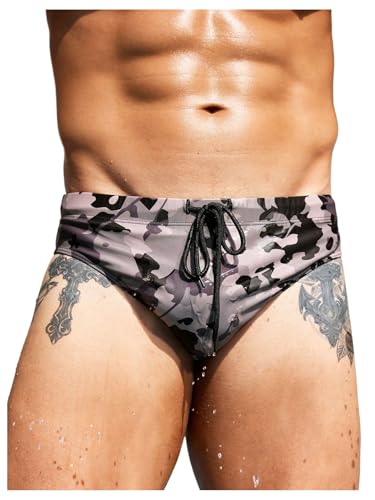 SweatyRocks Men's Camo Print Swim Trunks Drawstring Waist Triangle Swimming Briefs