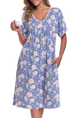 Image of AVIIER Nightgows for Women Soft Cotton Night Shirts Short Sleeve Sleepwear with Pockets